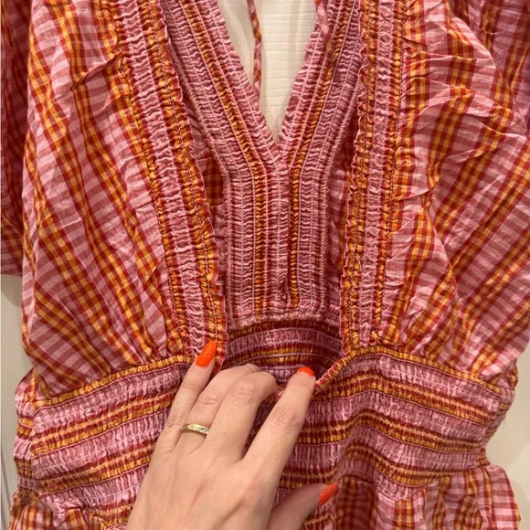 Anthropologie 100% Cotton Pink and Coral Gingham Smocked Romper - Picture 6 of 14